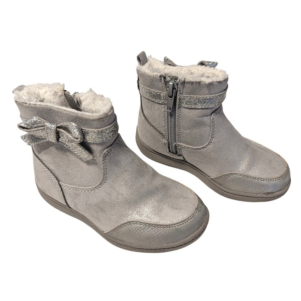 Stride Rite 360 Kids Size 8 Elaine Faux Fur Zip Ankle Boots Silver Shimmer Bow